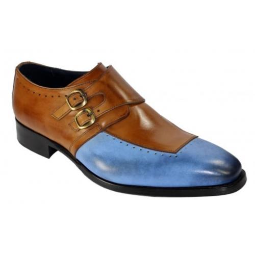 Duca Di Matiste "Como" Light Blue / Cognac Genuine Calfskin Double Monk Strap Loafer Shoes.